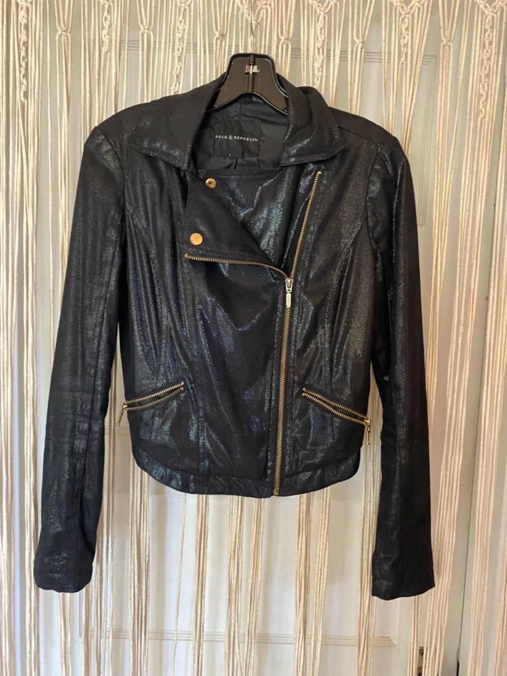 Rock & Republic Black Shimmery Asymmetrical Zip Leather Jacket